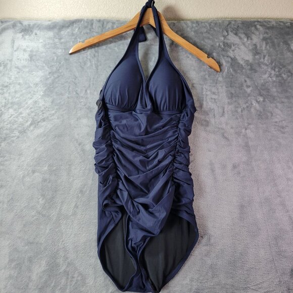 J.Crew Womens 8 Navy Halter‎ One Piece Swimsuit Ruched Front Style B6757 Made in - Picture 1 of 9